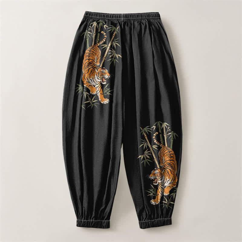 Buddha Stones Pure Cotton Tiger Bamboo Pattern Drawstring Men's Harem Pants With Pockets - image 2