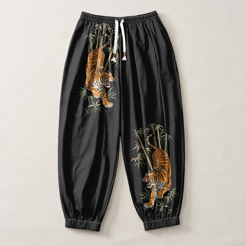 Buddha Stones Pure Cotton Tiger Bamboo Pattern Drawstring Men's Harem Pants With Pockets - image 1
