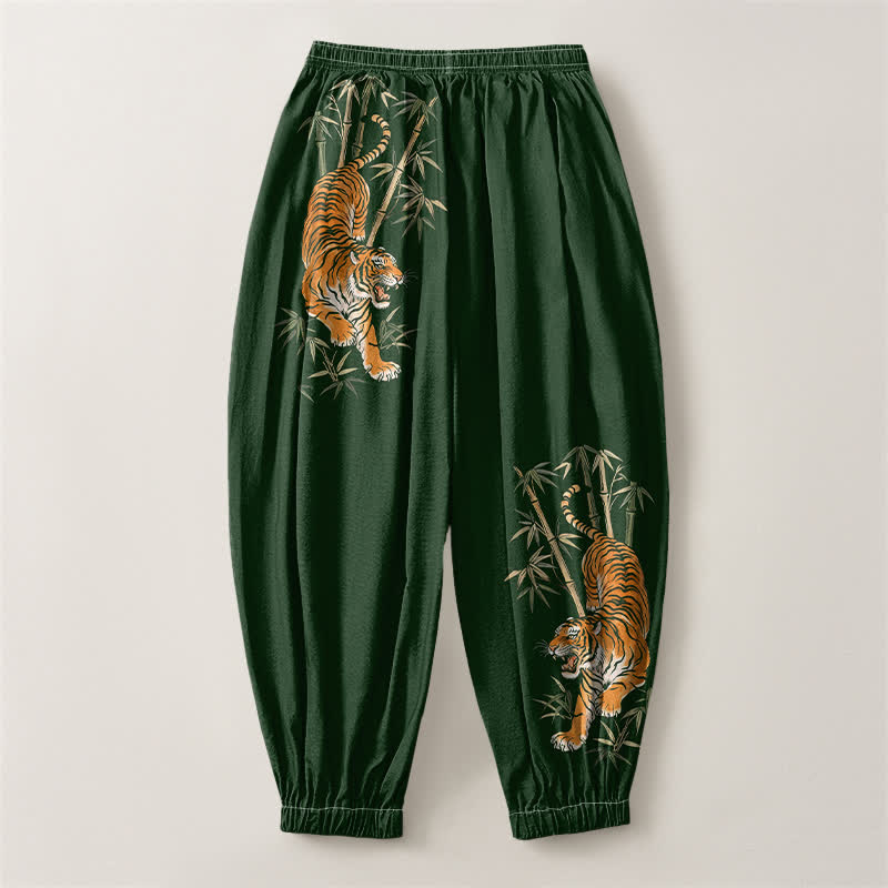 Buddha Stones Pure Cotton Tiger Bamboo Pattern Drawstring Men's Harem Pants With Pockets - image 8
