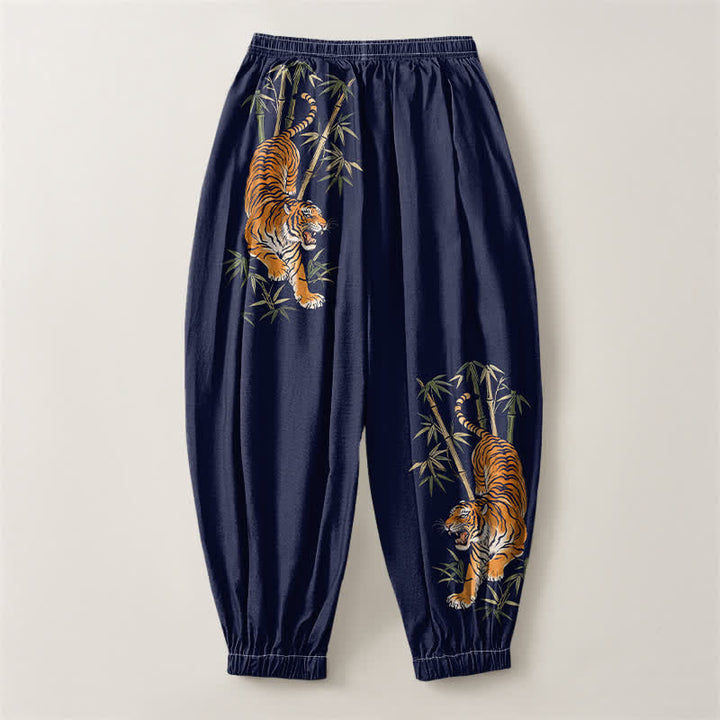 Buddha Stones Pure Cotton Tiger Bamboo Pattern Drawstring Men's Harem Pants With Pockets - image 14