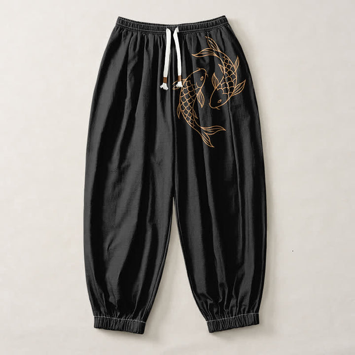 Buddha Stones Pure Cotton Double Koi Fish Pattern Drawstring Men's Harem Pants With Pockets - image 1