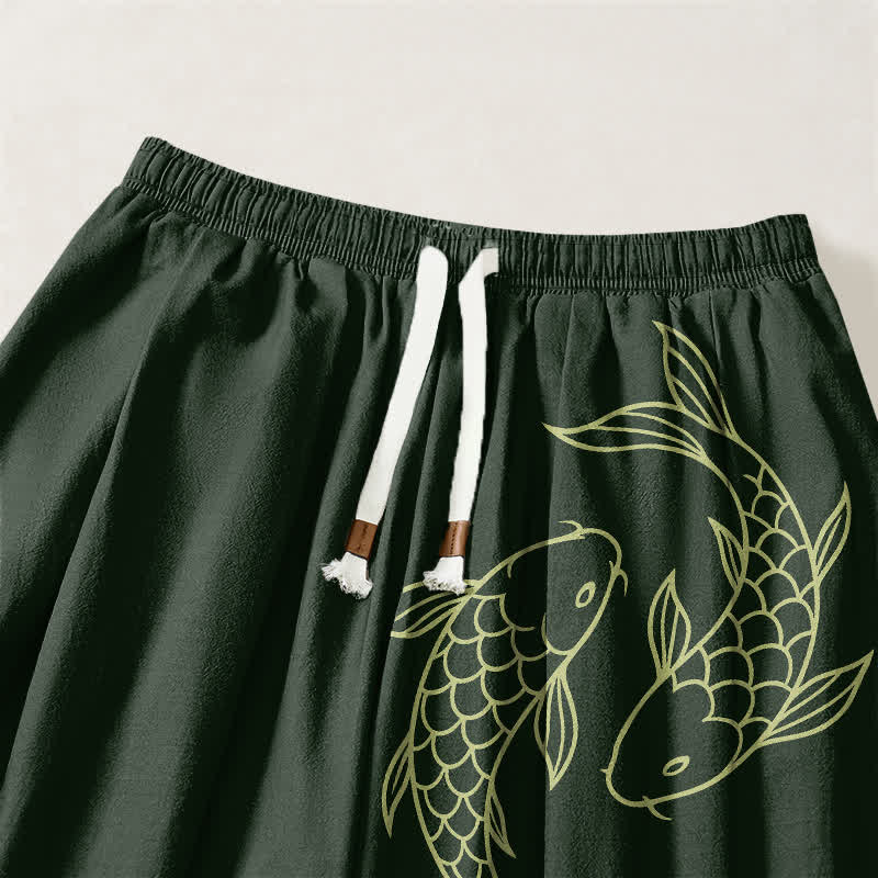 Buddha Stones Pure Cotton Double Koi Fish Pattern Drawstring Men's Harem Pants With Pockets - image 9