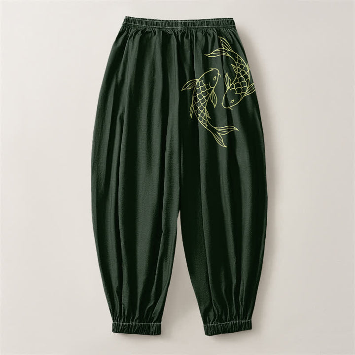 Buddha Stones Pure Cotton Double Koi Fish Pattern Drawstring Men's Harem Pants With Pockets - image 8