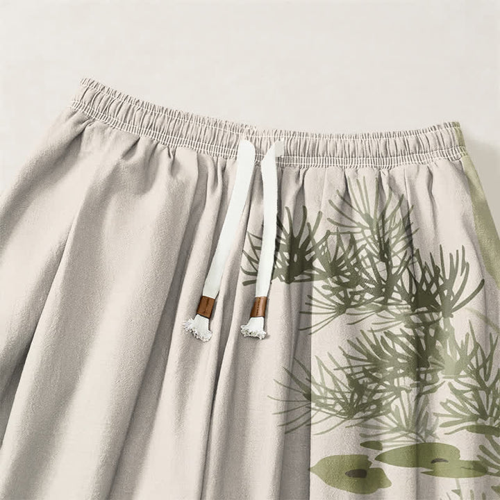 Buddha Stones Pure Cotton Koi Lotus Leaves Ink Pattern Drawstring Men's Harem Pants With Pockets - image 3
