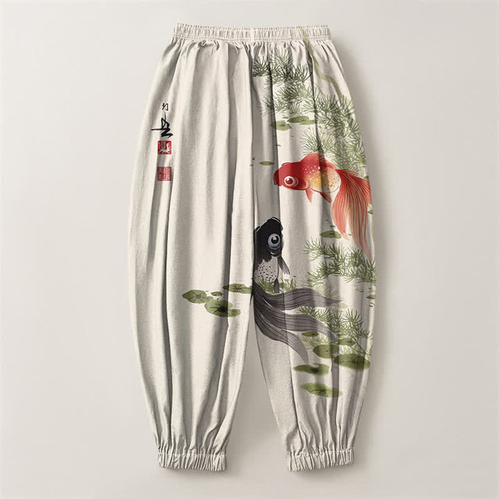 Buddha Stones Pure Cotton Koi Lotus Leaves Ink Pattern Drawstring Men's Harem Pants With Pockets - image 2