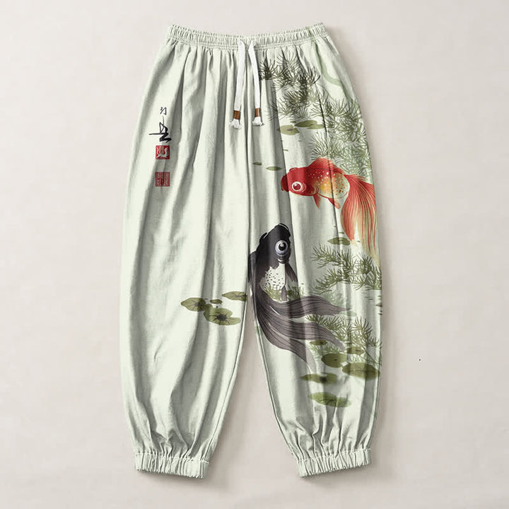 Buddha Stones Pure Cotton Koi Lotus Leaves Ink Pattern Drawstring Men's Harem Pants With Pockets - image 7