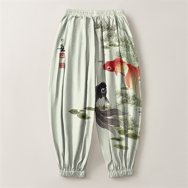 Buddha Stones Pure Cotton Koi Lotus Leaves Ink Pattern Drawstring Men's Harem Pants With Pockets - image 8