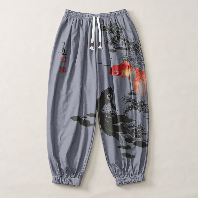 Buddha Stones Pure Cotton Koi Lotus Leaves Ink Pattern Drawstring Men's Harem Pants With Pockets - image 13