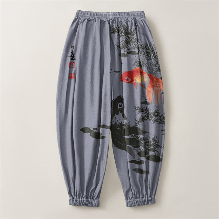 Buddha Stones Pure Cotton Koi Lotus Leaves Ink Pattern Drawstring Men's Harem Pants With Pockets - image 14