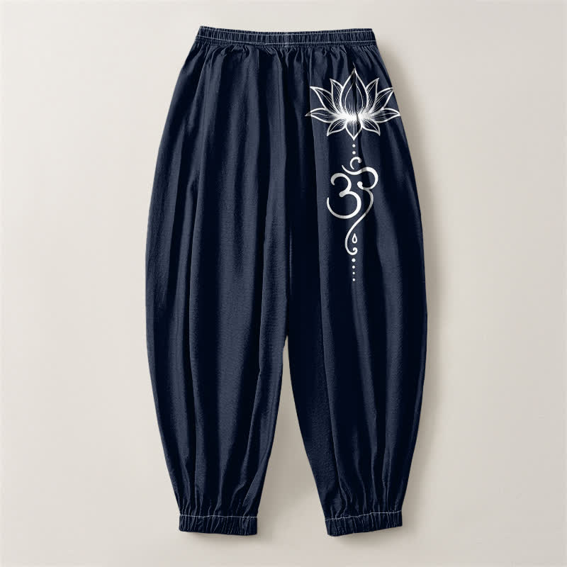 Buddha Stones Pure Cotton Lotus Om Pattern Drawstring Men's Harem Pants With Pockets - image 2