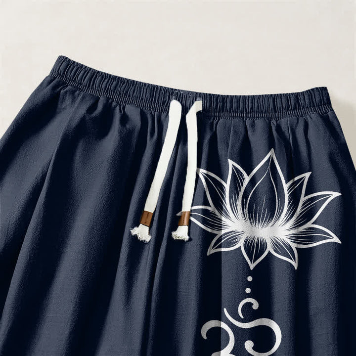 Buddha Stones Pure Cotton Lotus Om Pattern Drawstring Men's Harem Pants With Pockets - image 3