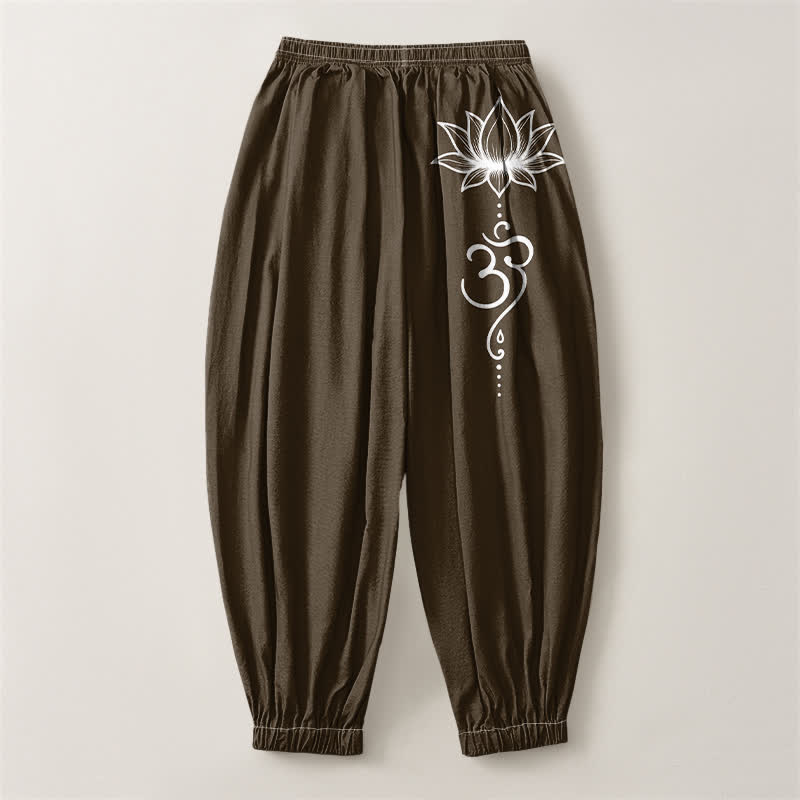 Buddha Stones Pure Cotton Lotus Om Pattern Drawstring Men's Harem Pants With Pockets - image 8