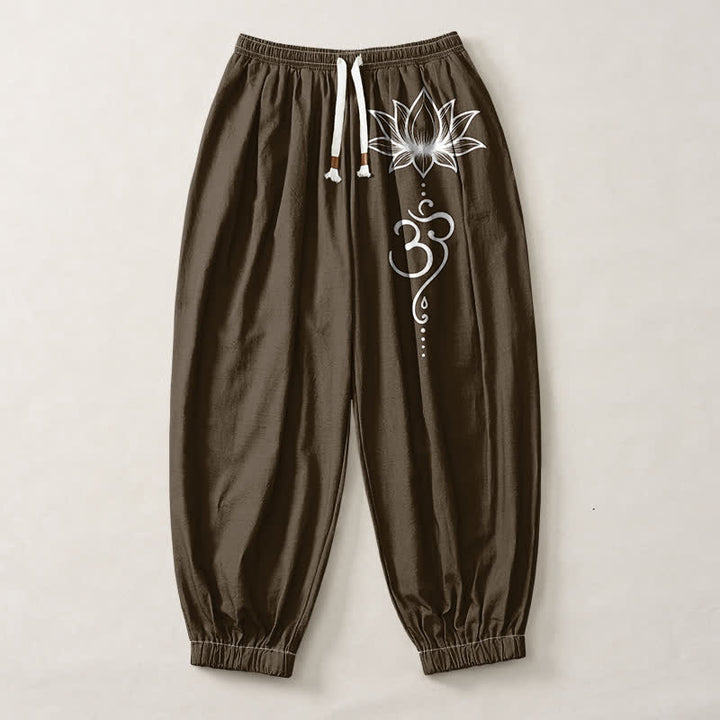 Buddha Stones Pure Cotton Lotus Om Pattern Drawstring Men's Harem Pants With Pockets - image 7