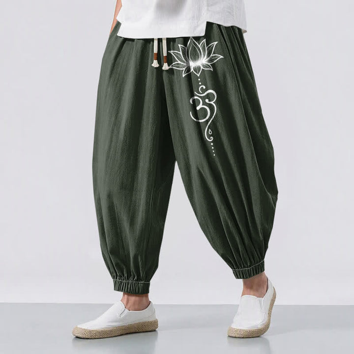 Buddha Stones Pure Cotton Lotus Om Pattern Drawstring Men's Harem Pants With Pockets - DarkGreen - US/UK/AU50，EU60 (5XL) - image 12