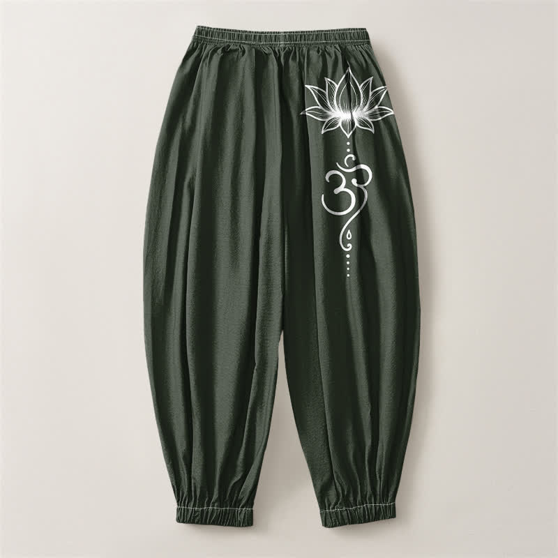 Buddha Stones Pure Cotton Lotus Om Pattern Drawstring Men's Harem Pants With Pockets - image 14