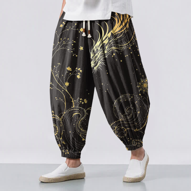 Buddha Stones Pure Cotton Golden Dragon Cloud Pattern Drawstring Men's Harem Pants With Pockets - Black - US/UK/AU50，EU60 (5XL) - image 0