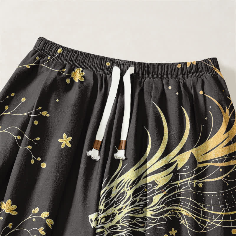 Buddha Stones Pure Cotton Golden Dragon Cloud Pattern Drawstring Men's Harem Pants With Pockets - image 3