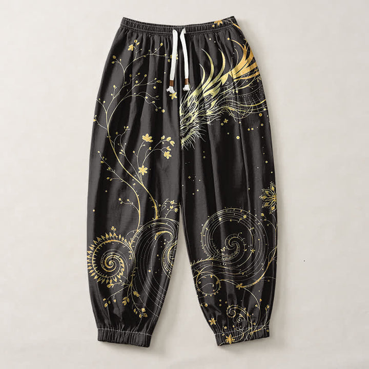 Buddha Stones Pure Cotton Golden Dragon Cloud Pattern Drawstring Men's Harem Pants With Pockets - image 1