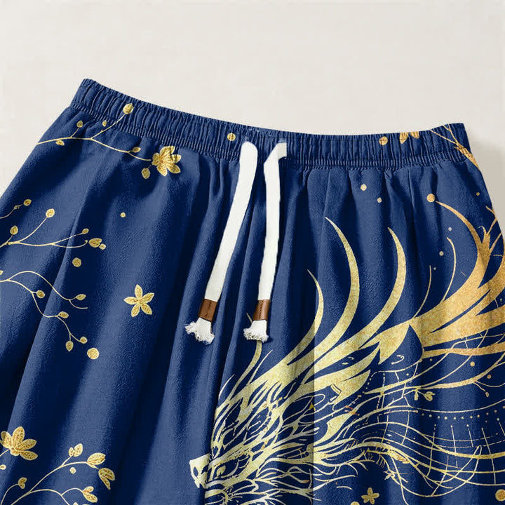 Buddha Stones Pure Cotton Golden Dragon Cloud Pattern Drawstring Men's Harem Pants With Pockets - image 9