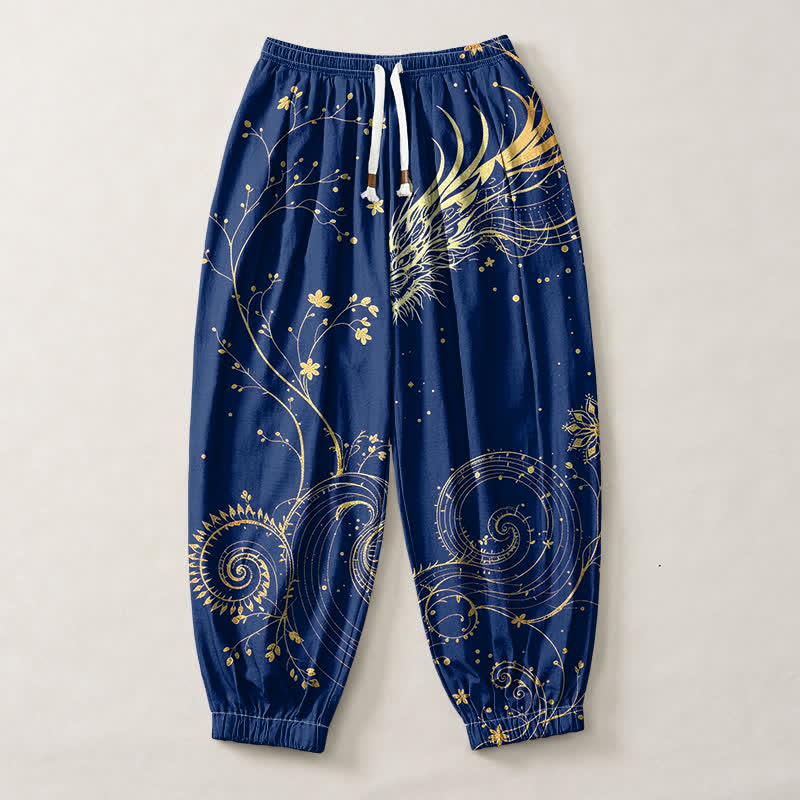 Buddha Stones Pure Cotton Golden Dragon Cloud Pattern Drawstring Men's Harem Pants With Pockets - image 7