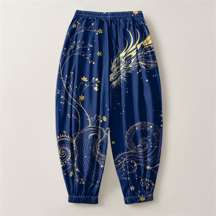 Buddha Stones Pure Cotton Golden Dragon Cloud Pattern Drawstring Men's Harem Pants With Pockets - image 8