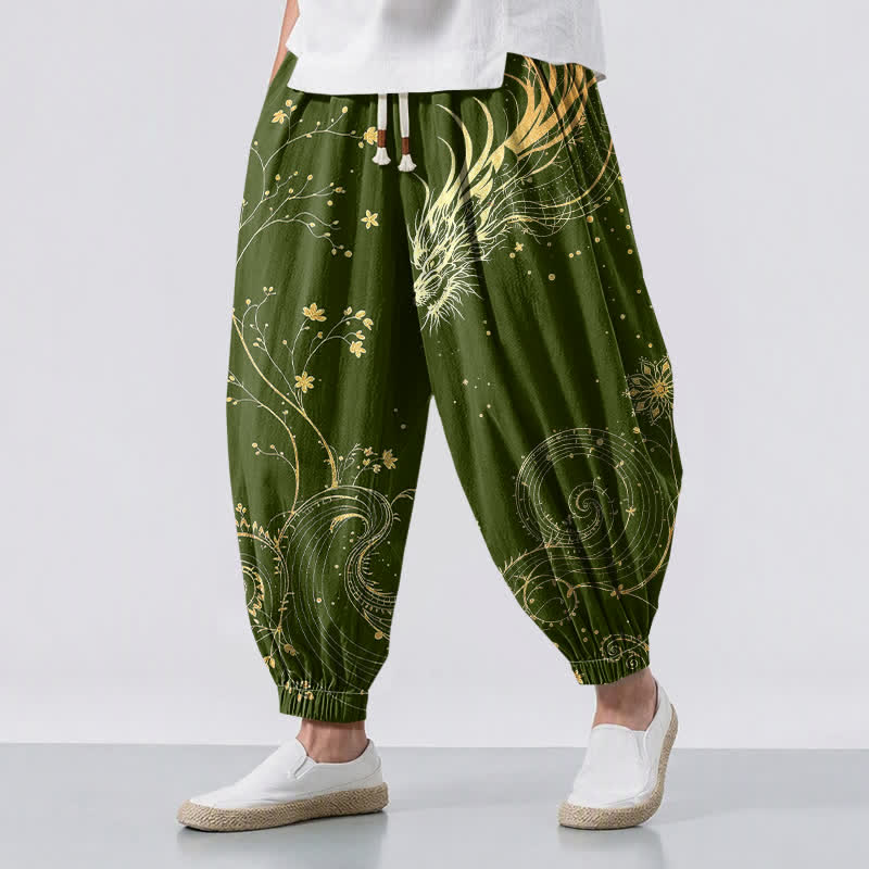 Buddha Stones Pure Cotton Golden Dragon Cloud Pattern Drawstring Men's Harem Pants With Pockets - OliveDrab - US/UK/AU50，EU60 (5XL) - image 12