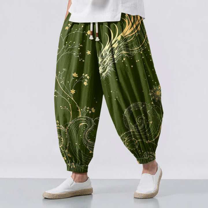 Buddha Stones Pure Cotton Golden Dragon Cloud Pattern Drawstring Men's Harem Pants With Pockets - OliveDrab - US/UK/AU50，EU60 (5XL) - image 12