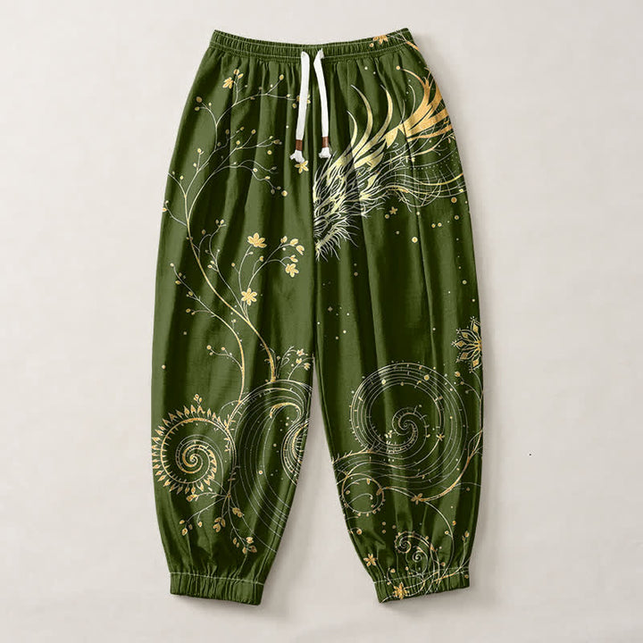 Buddha Stones Pure Cotton Golden Dragon Cloud Pattern Drawstring Men's Harem Pants With Pockets - image 13