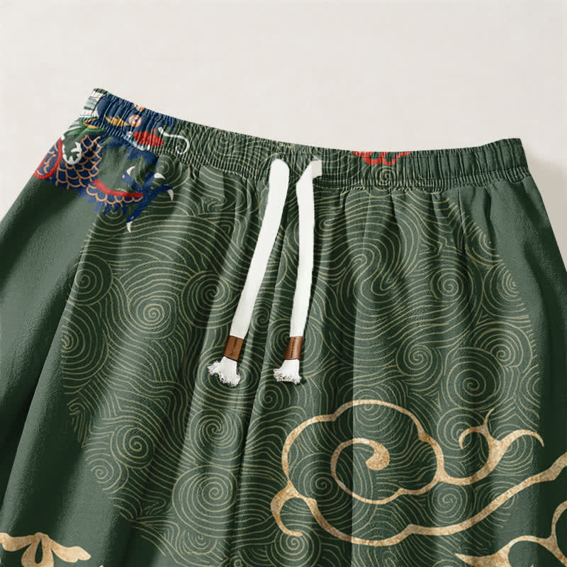 Buddha Stones Pure Cotton Dragon Golden Cloud Medallion Pattern Drawstring Men's Harem Pants With Pockets - image 3