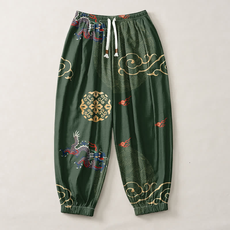 Buddha Stones Pure Cotton Dragon Golden Cloud Medallion Pattern Drawstring Men's Harem Pants With Pockets - image 1