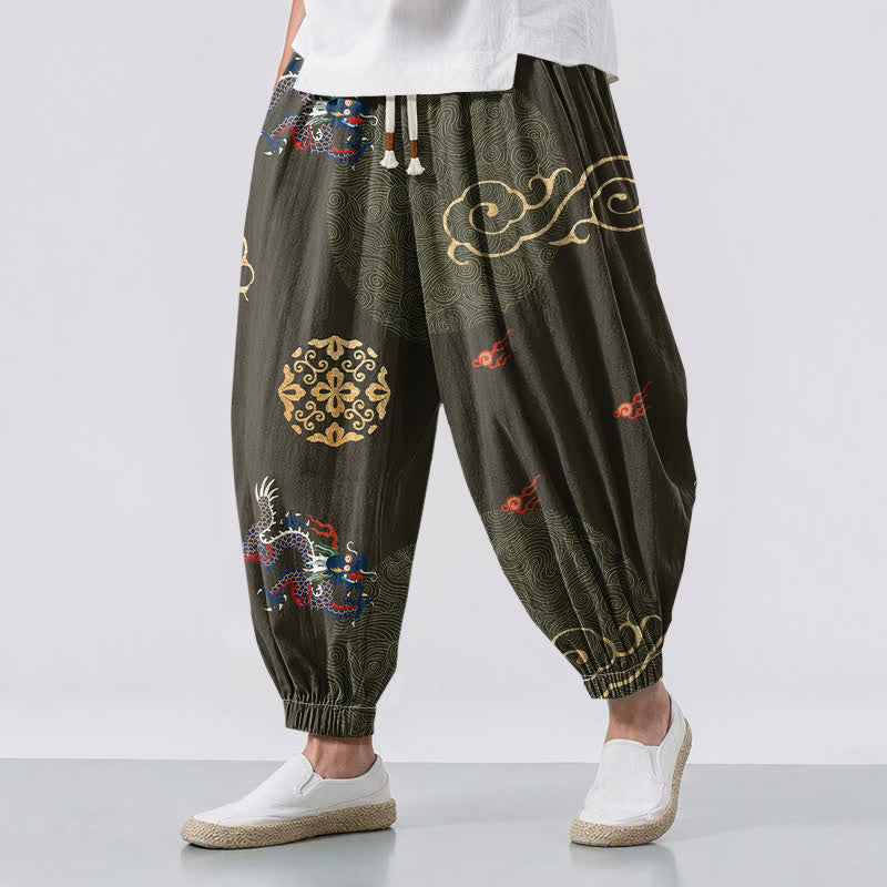 Buddha Stones Pure Cotton Dragon Golden Cloud Medallion Pattern Drawstring Men's Harem Pants With Pockets - DarkOliveGreen - US/UK/AU50，EU60 (5XL) - image 6