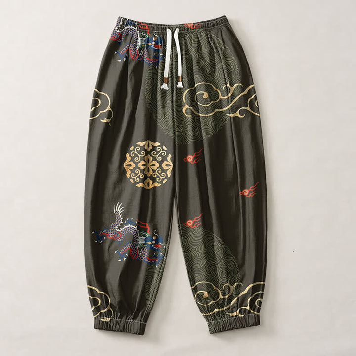 Buddha Stones Pure Cotton Dragon Golden Cloud Medallion Pattern Drawstring Men's Harem Pants With Pockets - image 7