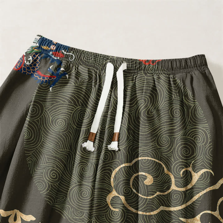 Buddha Stones Pure Cotton Dragon Golden Cloud Medallion Pattern Drawstring Men's Harem Pants With Pockets - image 9