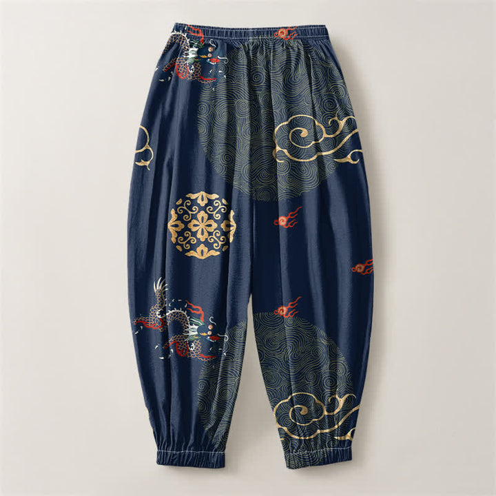 Buddha Stones Pure Cotton Dragon Golden Cloud Medallion Pattern Drawstring Men's Harem Pants With Pockets - image 14