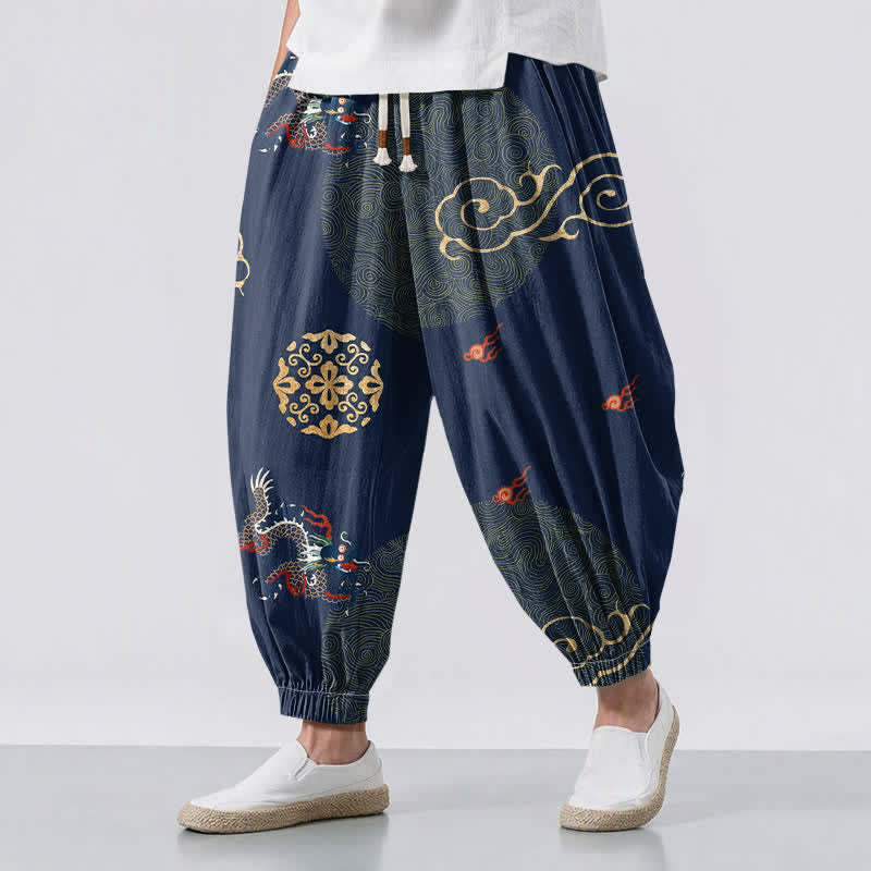 Buddha Stones Pure Cotton Dragon Golden Cloud Medallion Pattern Drawstring Men's Harem Pants With Pockets - Navy - US/UK/AU50，EU60 (5XL) - image 12