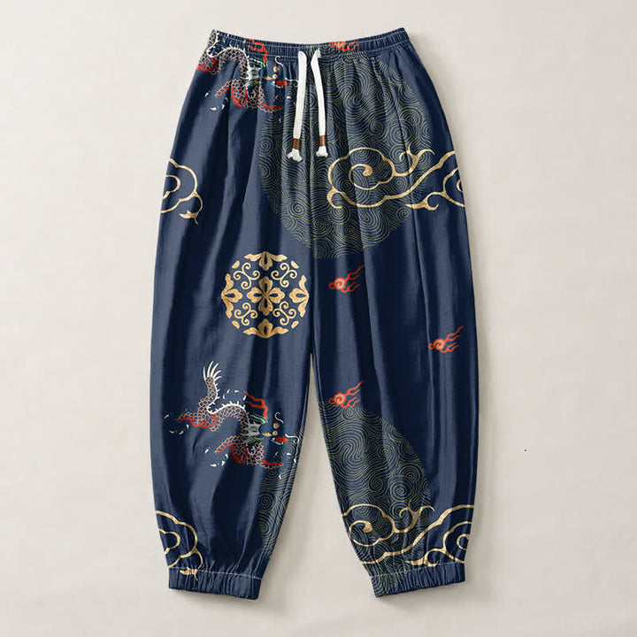 Buddha Stones Pure Cotton Dragon Golden Cloud Medallion Pattern Drawstring Men's Harem Pants With Pockets - image 13