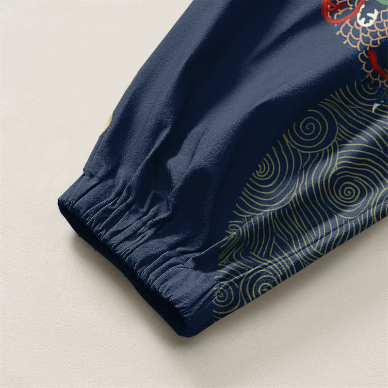 Buddha Stones Pure Cotton Dragon Golden Cloud Medallion Pattern Drawstring Men's Harem Pants With Pockets - image 16
