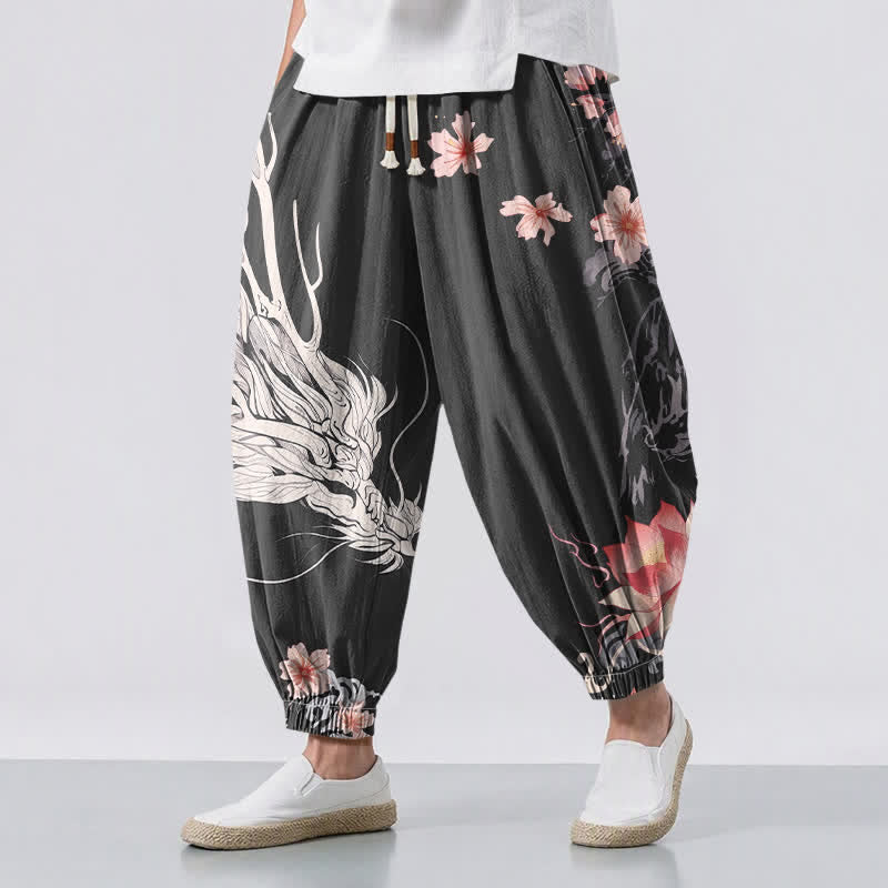 Buddha Stones Pure Cotton Dragon Sakura Lotus Pattern Drawstring Men's Harem Pants With Pockets - Black - US/UK/AU50，EU60 (5XL) - image 0