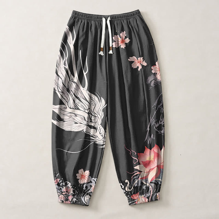 Buddha Stones Pure Cotton Dragon Sakura Lotus Pattern Drawstring Men's Harem Pants With Pockets - image 1
