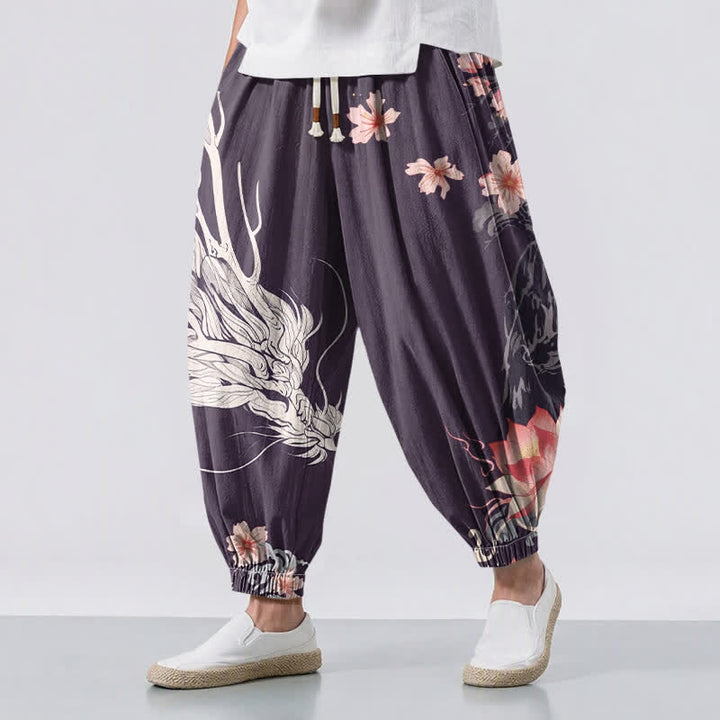 Buddha Stones Pure Cotton Dragon Sakura Lotus Pattern Drawstring Men's Harem Pants With Pockets - Indigo - US/UK/AU50，EU60 (5XL) - image 6