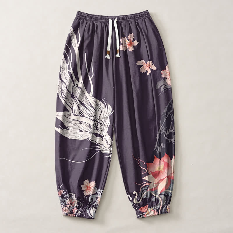 Buddha Stones Pure Cotton Dragon Sakura Lotus Pattern Drawstring Men's Harem Pants With Pockets - image 7