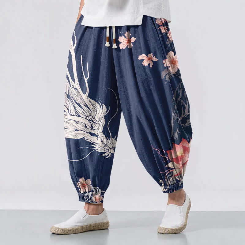 Buddha Stones Pure Cotton Dragon Sakura Lotus Pattern Drawstring Men's Harem Pants With Pockets - Navy - US/UK/AU50，EU60 (5XL) - image 12