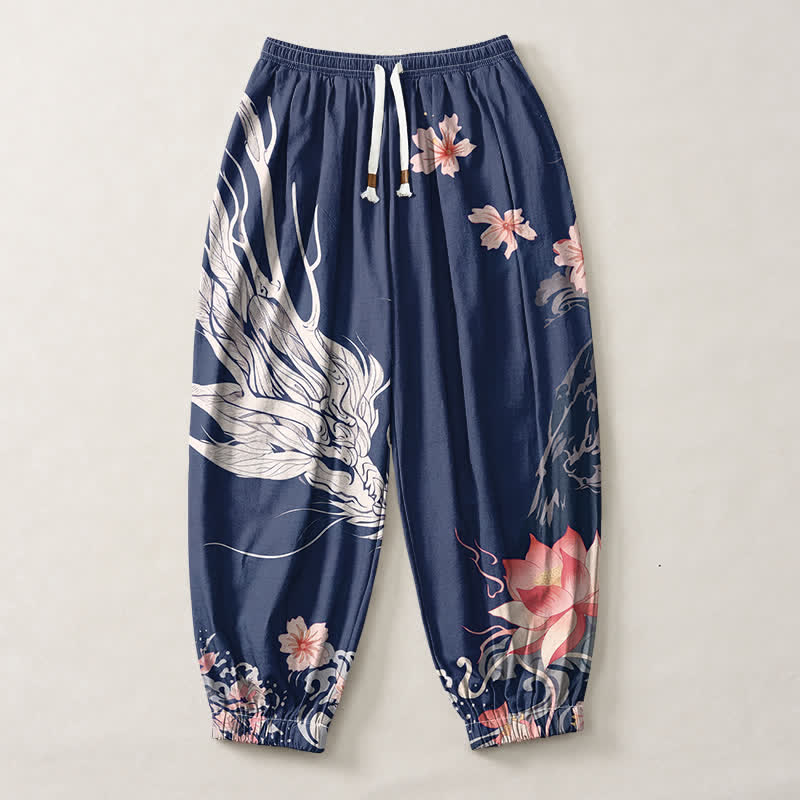 Buddha Stones Pure Cotton Dragon Sakura Lotus Pattern Drawstring Men's Harem Pants With Pockets - image 13