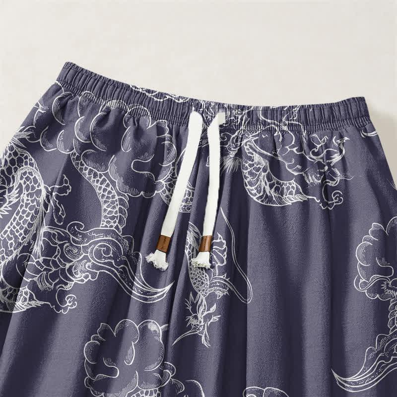 Buddha Stones Pure Cotton White Dragon Cloud Pattern Drawstring Men's Harem Pants With Pockets - image 15
