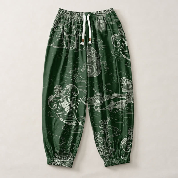 Buddha Stones Pure Cotton Auspicious Cloud Coin Script Pattern Drawstring Men's Harem Pants With Pockets - image 1