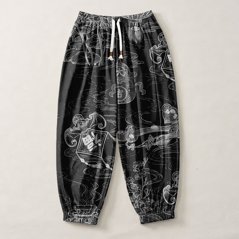Buddha Stones Pure Cotton Auspicious Cloud Coin Script Pattern Drawstring Men's Harem Pants With Pockets - image 7