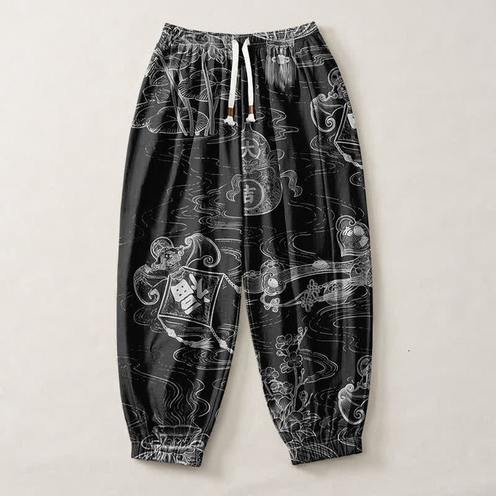 Buddha Stones Pure Cotton Auspicious Cloud Coin Script Pattern Drawstring Men's Harem Pants With Pockets - image 7