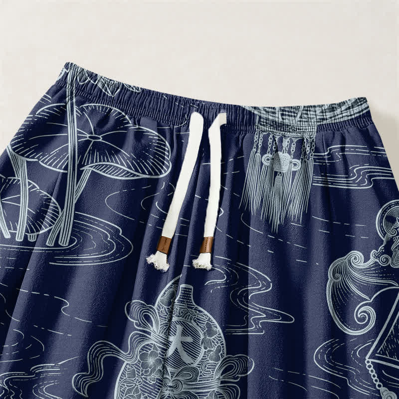 Buddha Stones Pure Cotton Auspicious Cloud Coin Script Pattern Drawstring Men's Harem Pants With Pockets - image 15