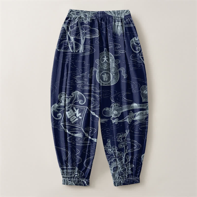 Buddha Stones Pure Cotton Auspicious Cloud Coin Script Pattern Drawstring Men's Harem Pants With Pockets - image 14