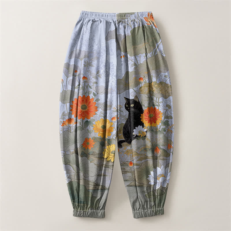 Buddha Stones Pure Cotton Vintage Floral Lotus Cat Pattern Drawstring Men's Harem Pants With Pockets - image 14